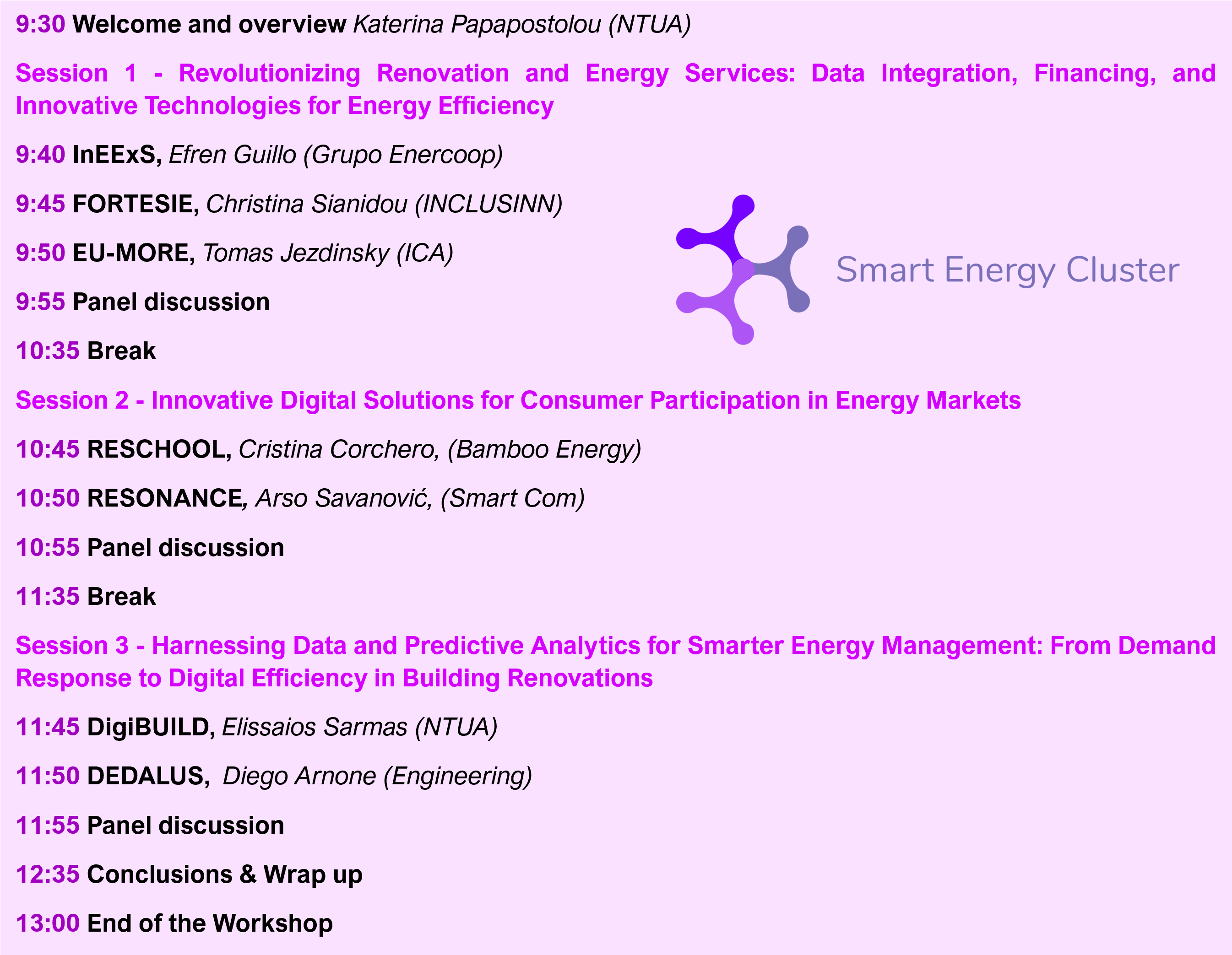 Smart Energy Cluster workshop agenda. A text version follows.